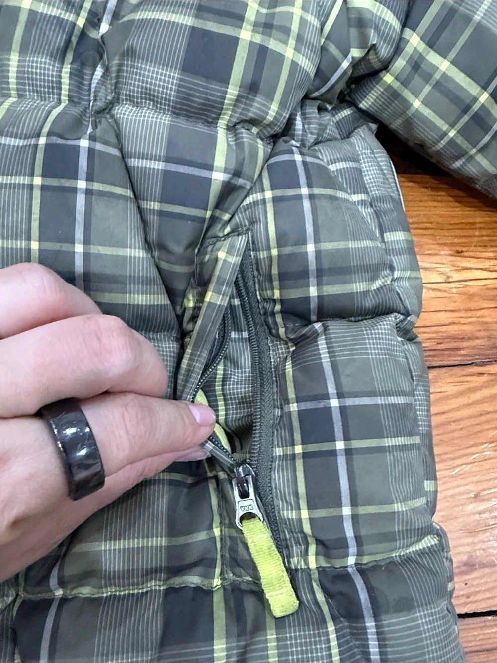 L.L. Bean Green Plaid Kids Hooded Puffer with Lime Accents Size 4T